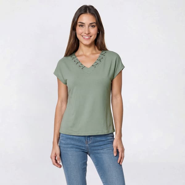 Womens 89th & Madison Short Sleeve Faux Lace Neck Blouse - image 