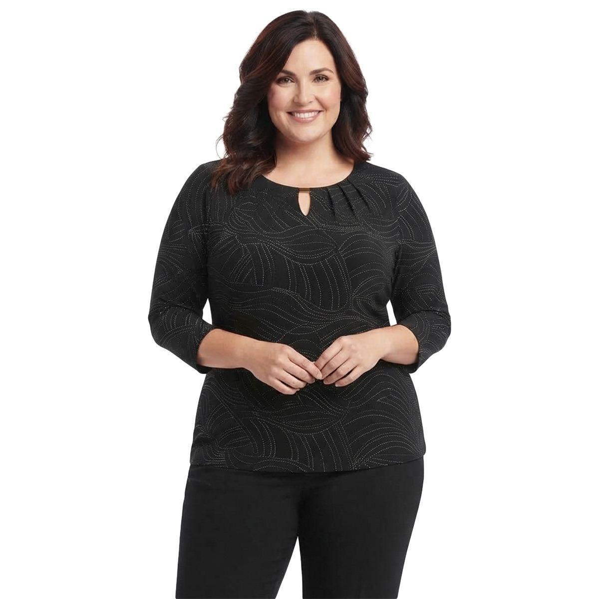 Plus Size Kasper 3/4 Sleeve Studded Keyhole Neck Swirl Blouse