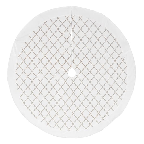 56in. Ivory Velvet Tree Skirt with Gold Glitter Quatrefoil Design