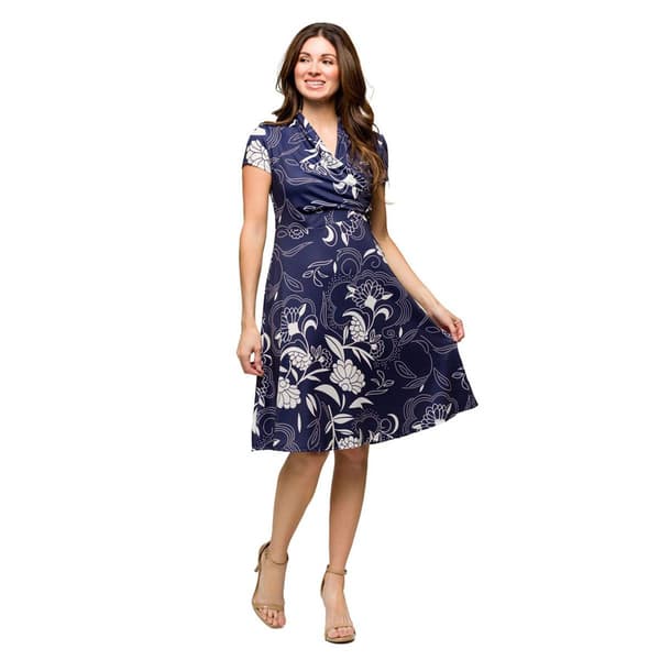 Womens 24/7 Comfort Apparel Navy Print Short Sleeve Wrap Dress - image 