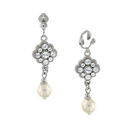 1928 Silver Tone Crystal & Simulated Pearl Clip On Earrings