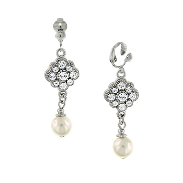 1928 Silver Tone Crystal & Simulated Pearl Clip On Earrings - image 