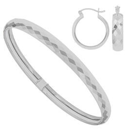Sterling Silver Hoop Faceted Finish Earrings and Bangle Bracelet