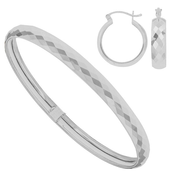 Sterling Silver Hoop Faceted Finish Earrings and Bangle Bracelet - image 