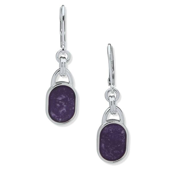 Chaps Lizzie 1.6in. Silver-Tone Purple Oval Leverback Earrings - image 