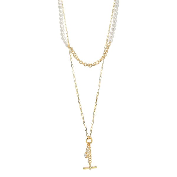 Roman Gold-Tone 2-Layer Pearl Link Chain Y-Necklace - image 