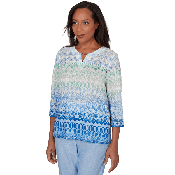 Petite Alfred Dunner Caribbean Blues Keyhole Neck Ombre Blouse