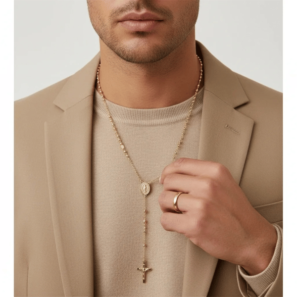 Mens Iron Saints 18kt. Gold Plated Medal & Cross Beaded Rosary