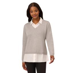 Womens Adrianna Papell Long Sleeve V-Neck 2Fer Solid Sweater