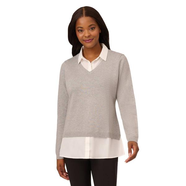 Womens Adrianna Papell Long Sleeve V-Neck 2Fer Solid Sweater - image 