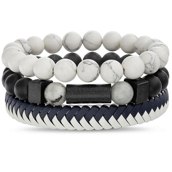 Mens Creed Beaded & Stretch Faux Leather Bracelet Set - image 