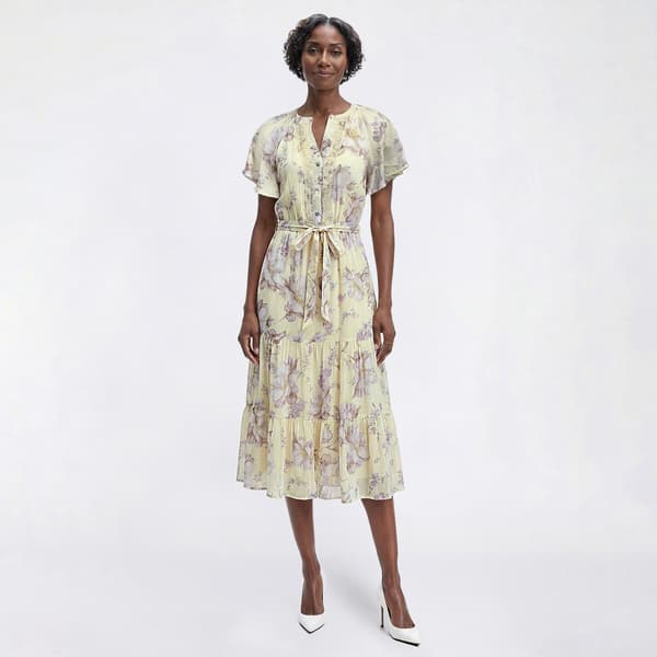Womens Luxology Short Sleeve Split Neck Floral Tiered Midi Dress - image 