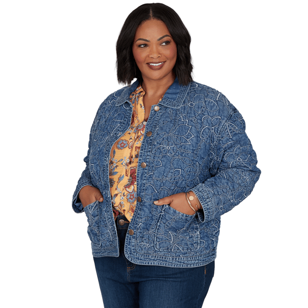 Plus Size Ruby Rd. Game of Luxe Quilted Floral Denim Jacket