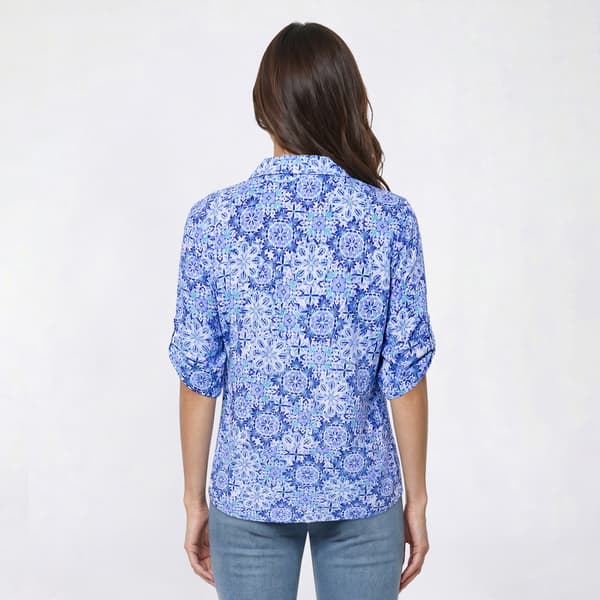 Petite Emily Daniels Roll Tab Elbow Sleeve Medallion Blouse