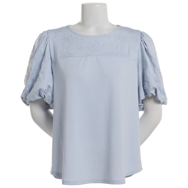 Womens Adrianna Papell Short Bubble Sleeve Yoke Embroidere Blouse - image 