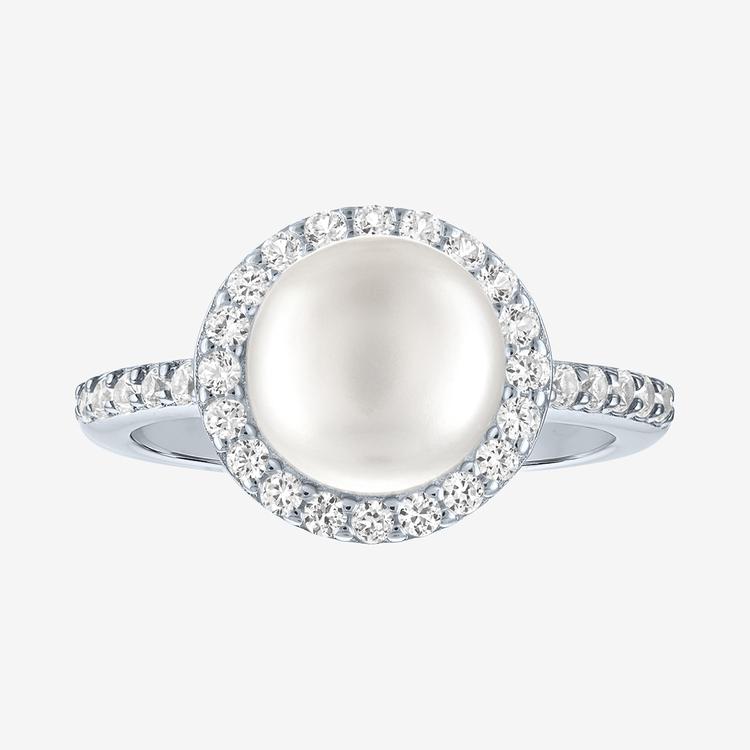 Gemstone Classics(tm) Lab Grown White Sapphire & Pearl Halo Ring