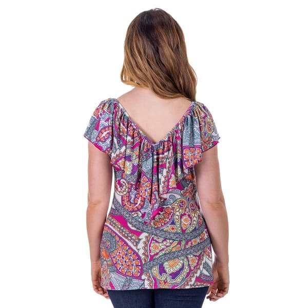 Womens 24/7 Comfort Apparel Paisley Ruffle V-Neck Blouse