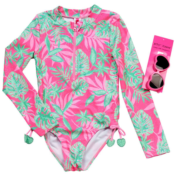 Girls (7-12) Betsey Johnson Long Sleeve Palm Print Rashguard - image 