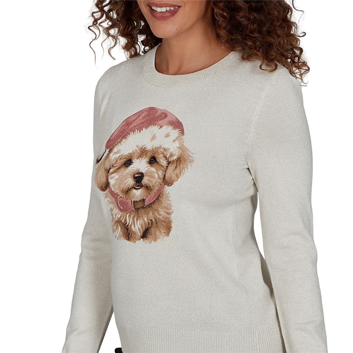 Womens Emaline Holiday Festivities Dog with Santa Hat Sweater