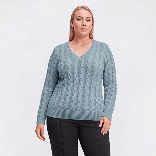 Plus Size Preswick & Moore® Long Sleeve Cable Knit V Neck Sweater