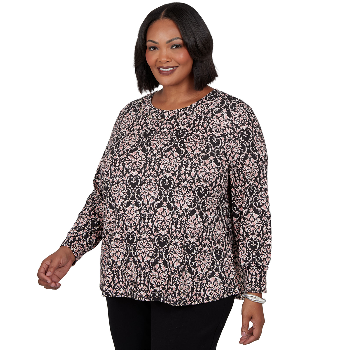 Plus Size Emaline Soiree Long Sleeve Damask Blouse
