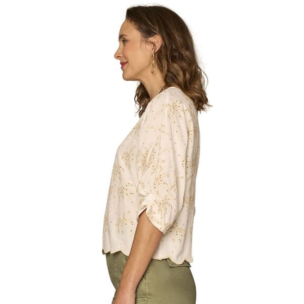 Petite Democracy 3/4 Pleated Sleeve Boat Neck Woven Top With Sc