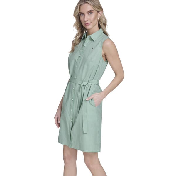 Womens Tommy Hilfiger Sleeveless Tie Waist Checkered Shirtdress