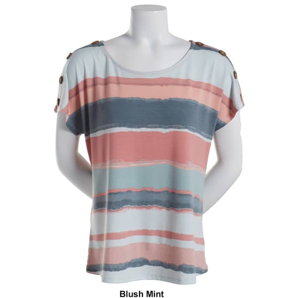 Womens Tru Self Button Shoulder Short Sleeve Stripe Top