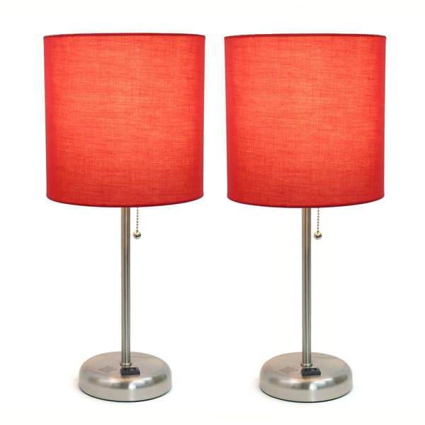LimeLights Brush Steel Lamp w/Charging Outlet/Red Shade-Set of 2