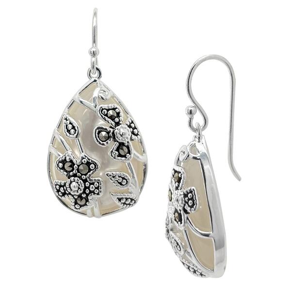 Marsala Fine Silver Plated Marcasite & Mother of Pearl Earrings - image 