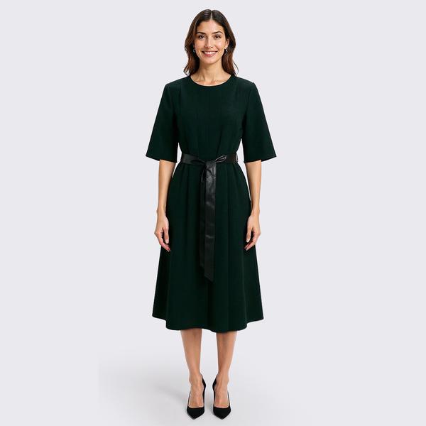 Womens Perceptions Elbow Sleeve w/ Faux Leather Belt A-Line Dress - image 