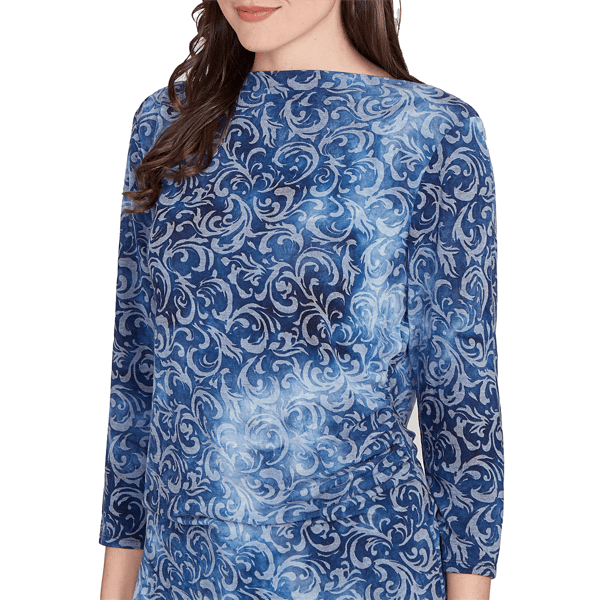 Petite Ruby Rd. Indigo Go Tie Dye Scroll Hacci Blouse