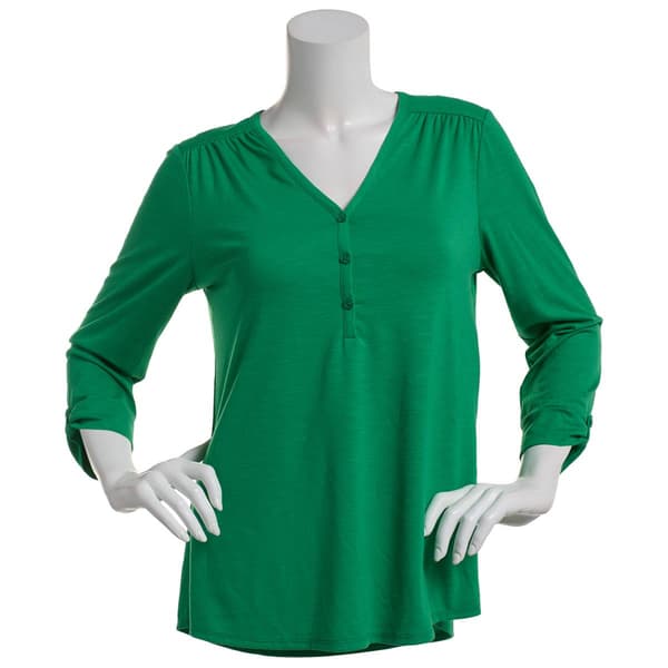 Womens Kasper Solid 3/4 Tab Sleeve V-Neck Henley Tee