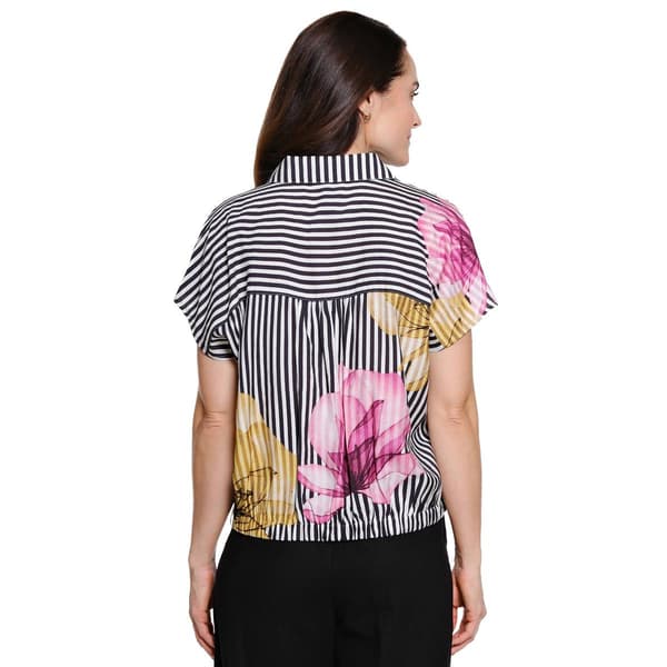Womens Ali Miles Short Sleeve Stripe Floral Drawstring Hem Blouse