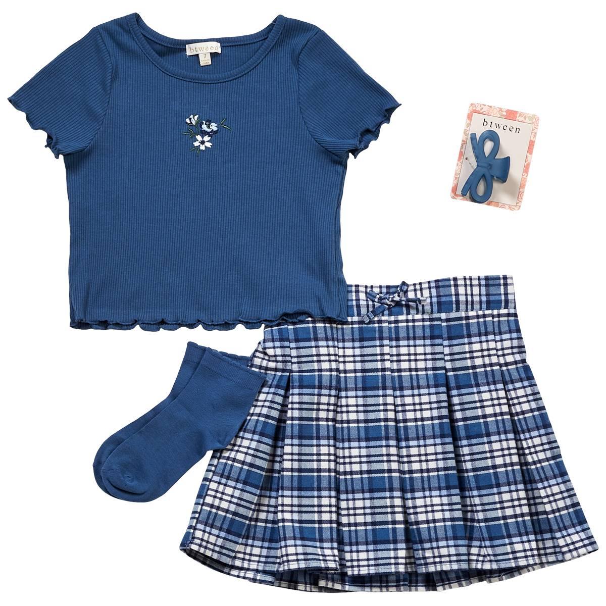 Girls (7-16) BTween(R) Short Sleeve Flower Rib Tee w/ Plaid Skort
