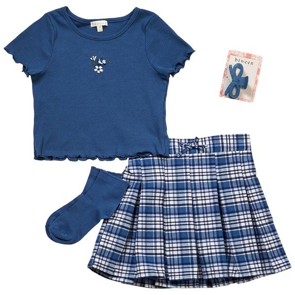 Girls (7-16) BTween(R) Short Sleeve Flower Rib Tee w/ Plaid Skort - image 