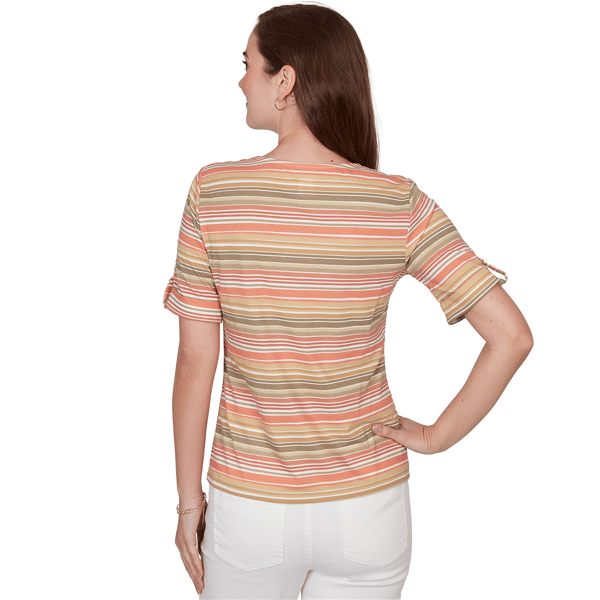 Plus Size Hearts of Palm Tropical Twist Tab Sleeve Stripe Blouse