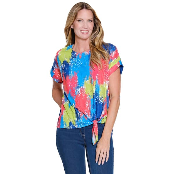 Womens Multiples Dolman Short Sleeve Tie Waist Colorful Splash T - image 