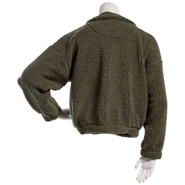 Juniors Pink Rose Sherpa Snap Front Mock Neck Jacket- Olive