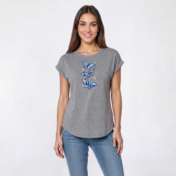 Womens Tru Self Short Sleeve Cuffed Dolman Butterfly Applique Tee - image 