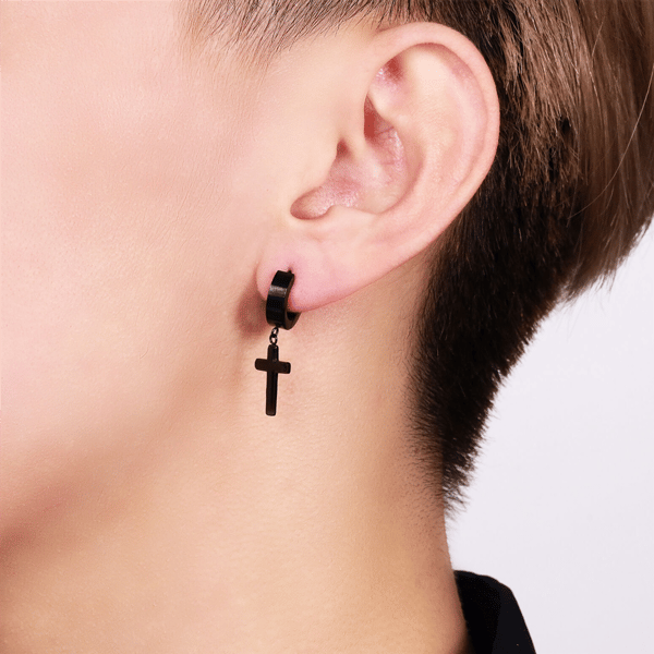 Mens Lynx Black Ion Plated Stainless Steel Cross Hoop Earrings
