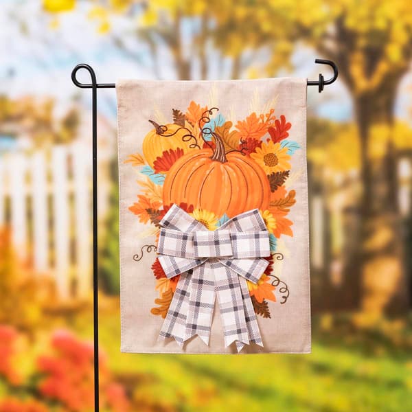 Evergreen Pumpkin and Bow Garden Burlap Flag