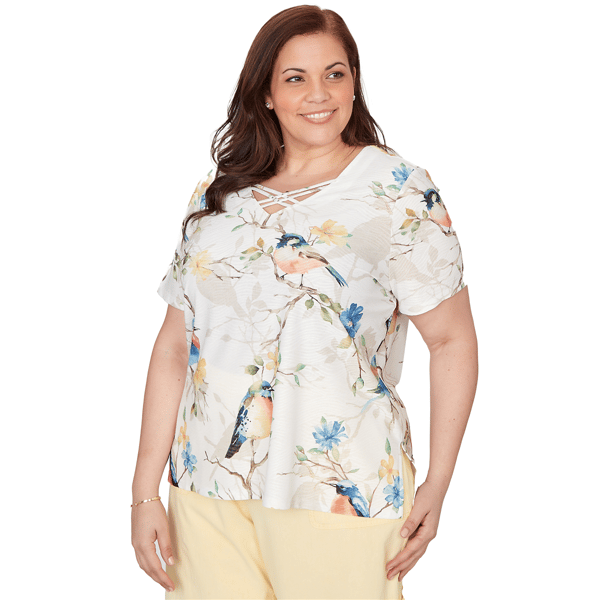 Plus Size Alfred Dunner Out Of The Blue Floral Birds V Neck Tee