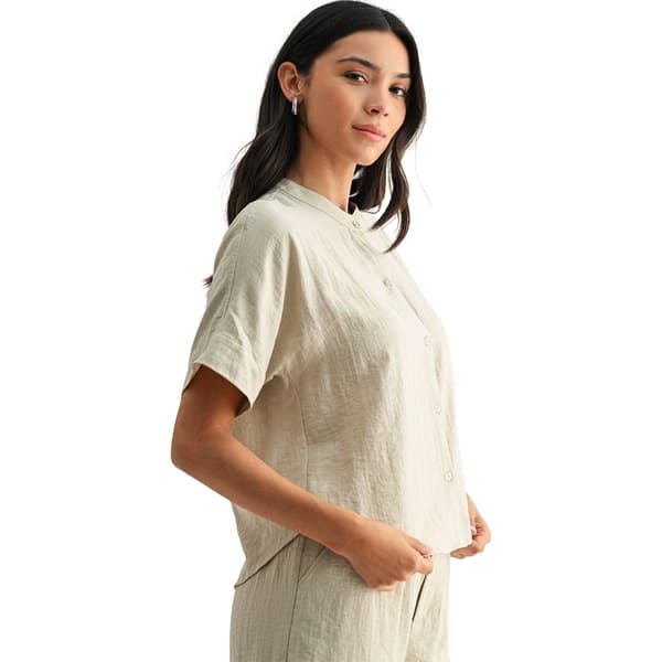 Womens CITY BLUES Short Sleeve Solid Linen Button Down Blouse