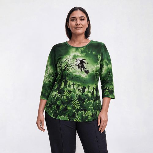 Plus Size OneWorld 3/4 Sleeve Stud Embellished Witch Tee - image 