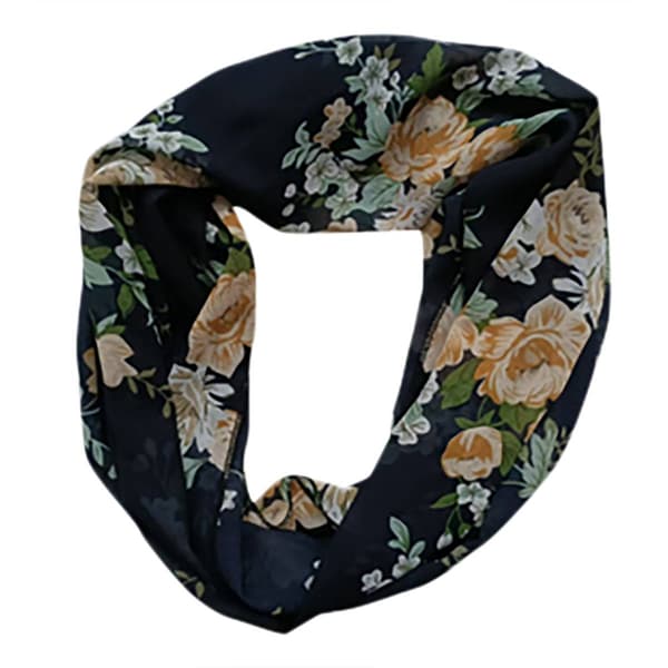 Womens Renshun Beautiful Floral Loop Pearl Silk Loop Scarf-Black - image 