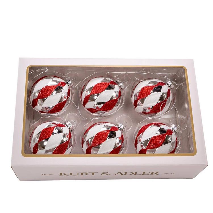 Kurt Adler 80mm Glass Red, White & Silver 6pc.Ball Ornament