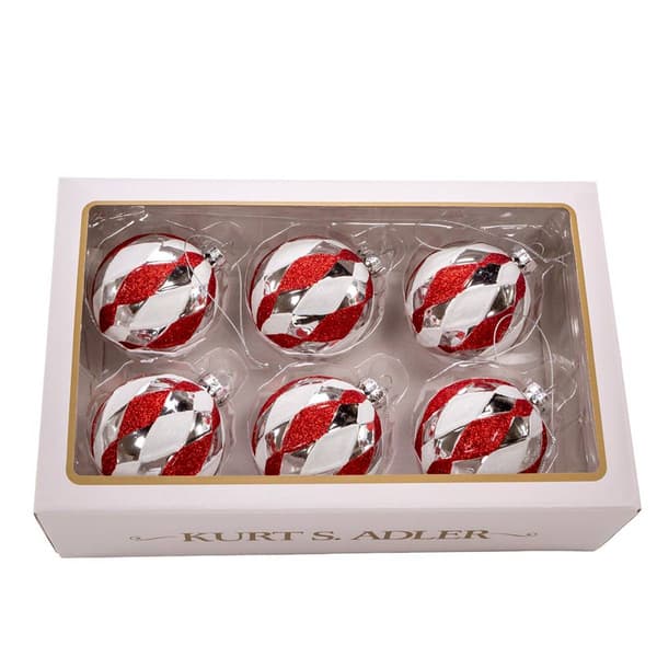 Kurt Adler 80mm Glass Red, White & Silver 6pc.Ball Ornament
