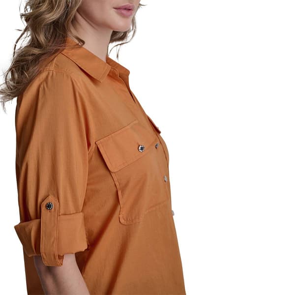 Womens DKNY Roll Tab Sleeve Solid Casual Button Down