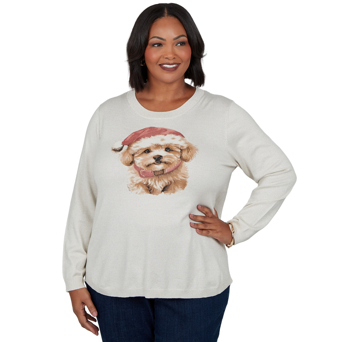 Plus Size Emaline Holiday Festivities Dog with Santa Hat Sweater